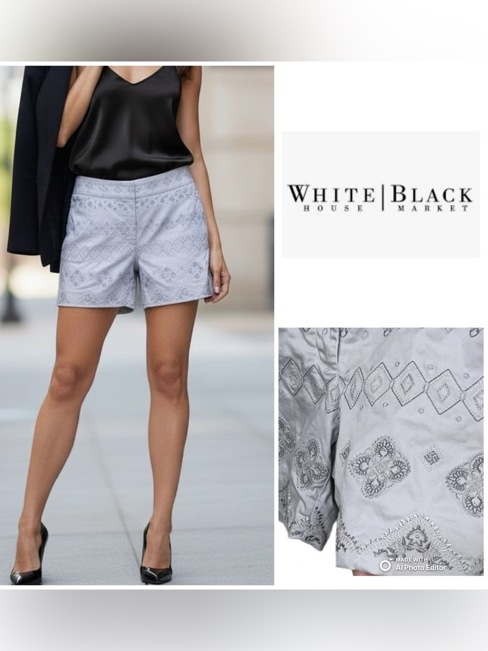 White House Black Market Light Gray Embroidered The 5” Short
